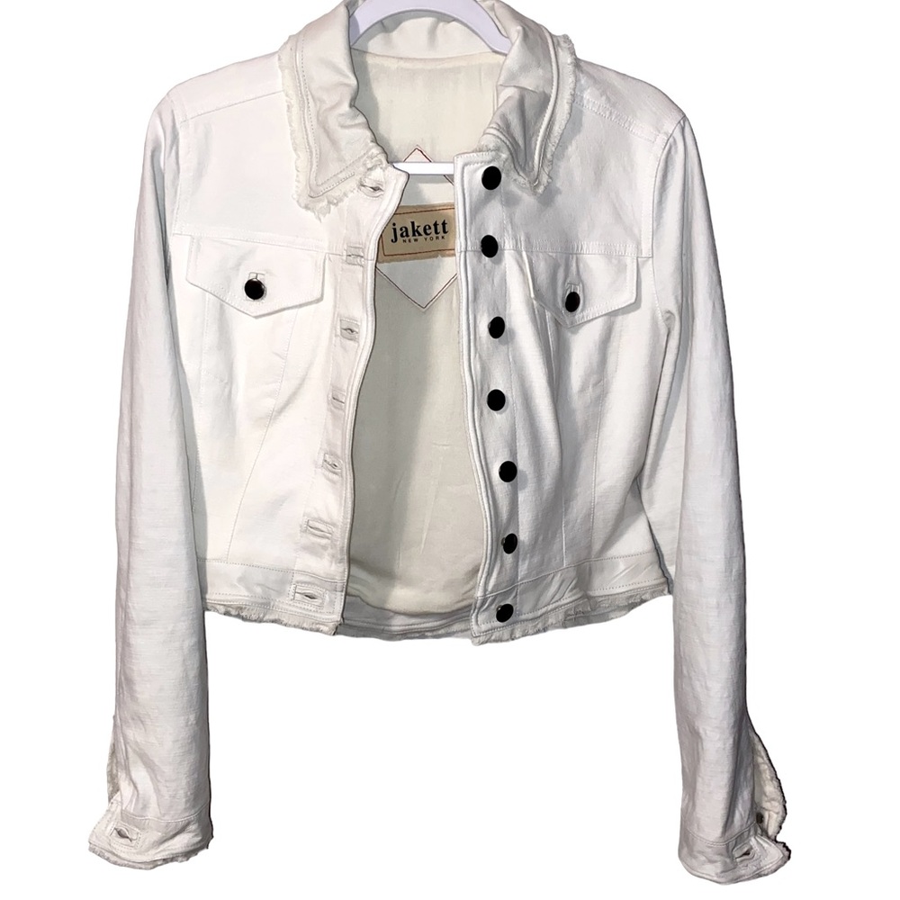 Jakett New York Two Tone White Denim and Leather Button Up Jacket